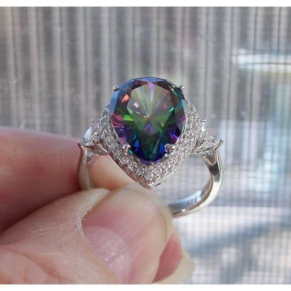 925 Sterling Silver Simulated Mystic Rainbow Topaz CZ Pear Cut Halo Ring - Picture 7 of 16